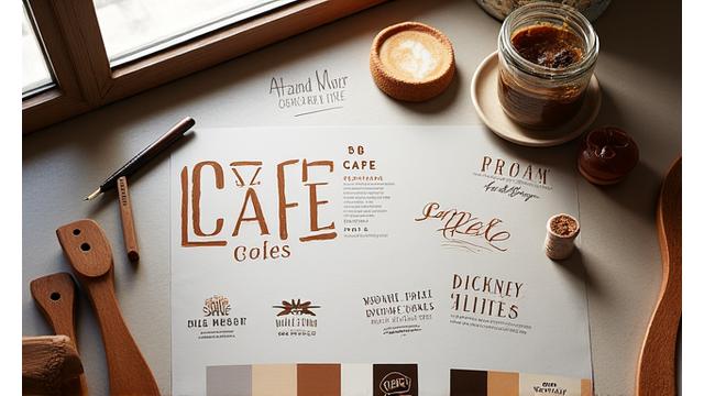 Creative mood board displaying cafe brand identity elements like logos, typography, and color palette