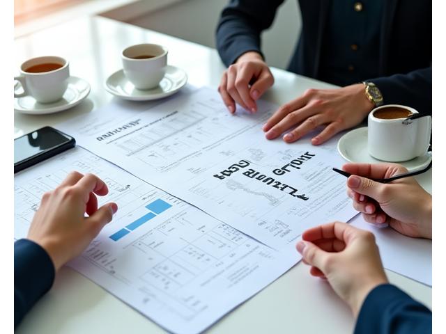 Business professionals reviewing cafe blueprints and financial charts