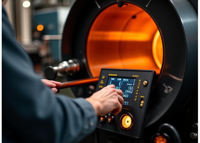 Advanced coffee roasting machine with precise temperature controls and computer interface, glowing with internal heat.