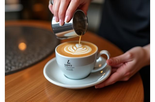 A barista pouring latte art into a coffee cup with a cafe's custom brand logo on the mug.