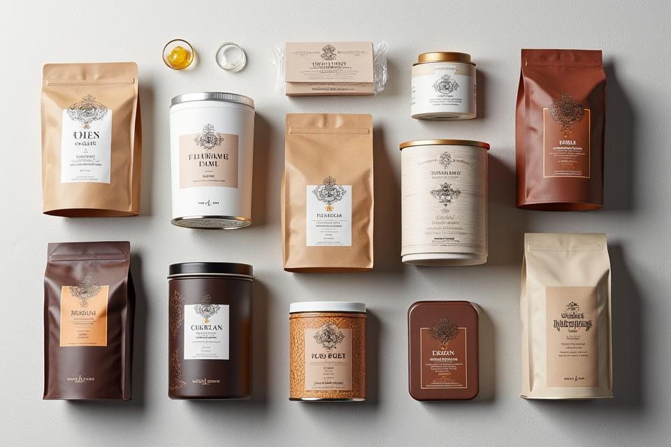 Various sophisticated custom coffee packaging designs with distinct branding elements and elegant typography.