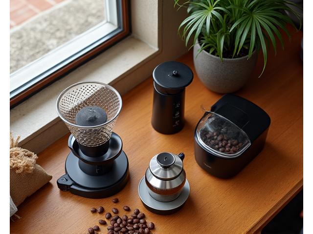 Various coffee brewing equipment including a pour-over stand, drip coffee machine, and AeroPress on a wooden counter.
