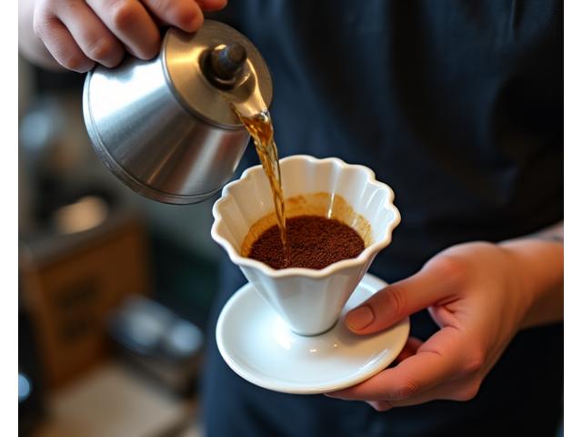 A close-up shot of a skilled barista carefully preparing a decaf pour-over coffee, meticulously controlling the water flow and showcasing precise brewing techniques. The focus is on the hands and equipment, conveying expertise and attention to detail.